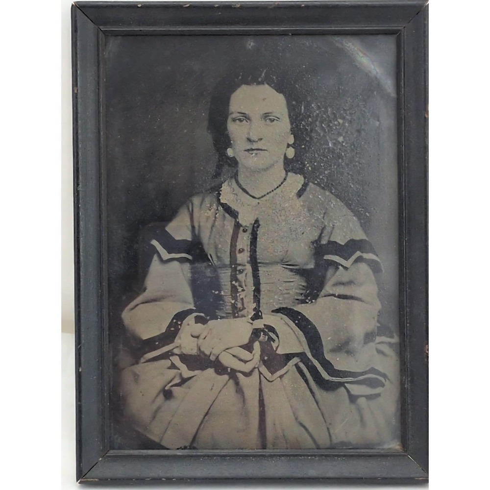 Antique Tintype Portrait Photo 5x7 Woman Large Victorian Fashion Framed Original
